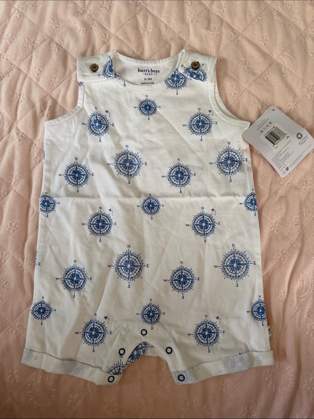 Burt's Bees White Romper with Blue Compass Pattern